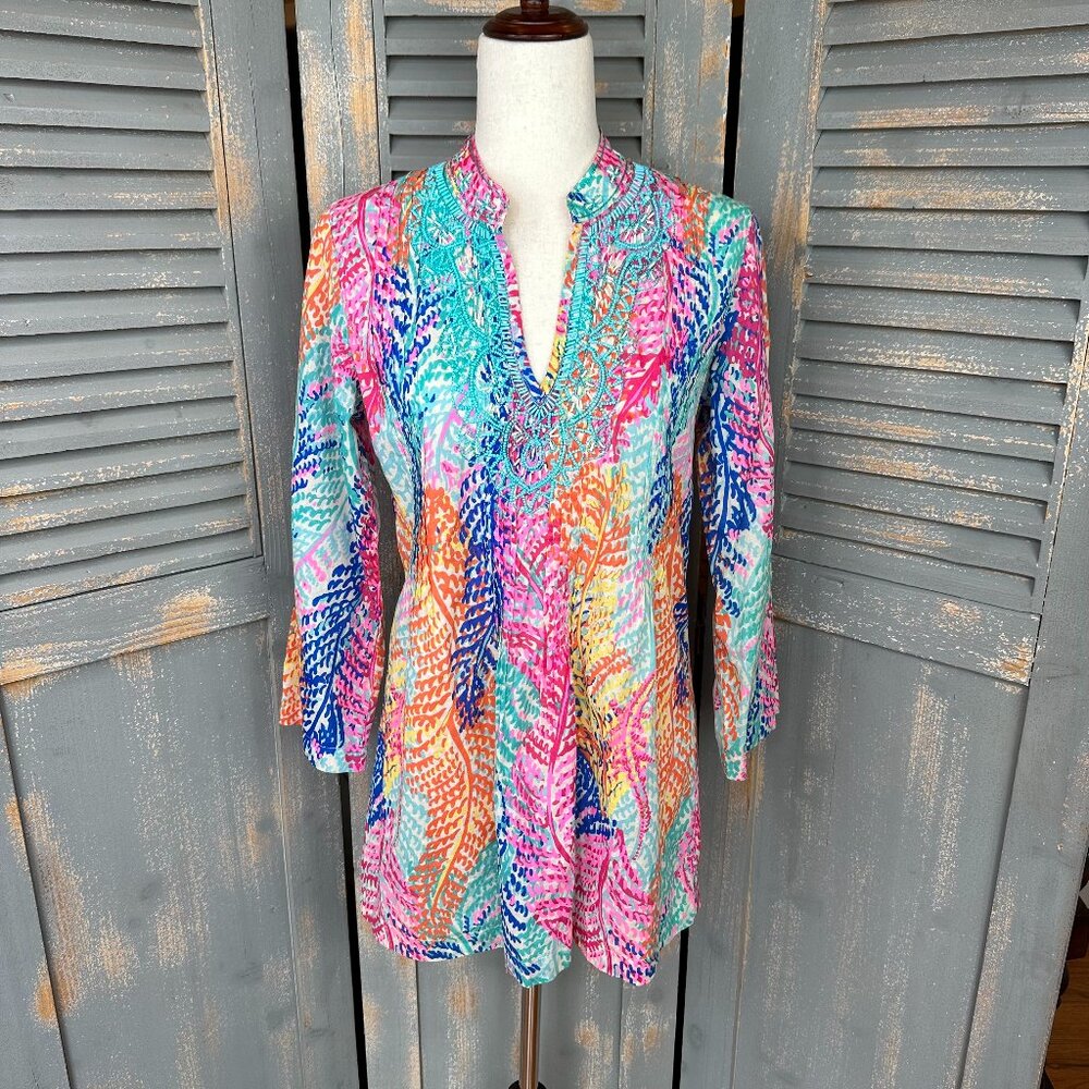 Lilly Pulitzer Sarasota Beaded Tunic Top Electric Feel Cameo Sz S